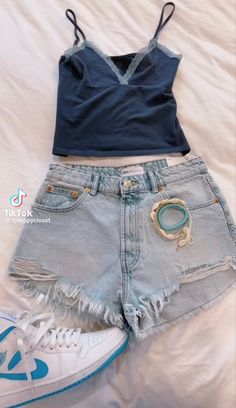 Colored Shorts Outfits Summer, Cute Blue Tank Top For Summer, Summer Clothes Aesthetic Shorts, Trendy Summer Fits T-shirts & Tank Tops, Preppy Fits With Jean Shorts, Beach Fits T-shirts & Tank Tops, Girls Attire