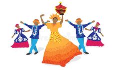 a group of people dressed in mexican folk costumes dancing with their hands up royalty illustration