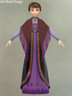 the doll is wearing a purple dress with an intricate design on it's chest