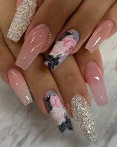 Decal Nails Design, Nails Acrylic Designs 2023, Long Gel Nails Ideas Summer, August 2023 Nail Designs, Balarina Nails Vs Coffin, Two Finger Nail Design, Clear Based Nail Design, Long Nails Coffin Design, Pedicure Designs Winter