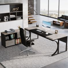 an office with a desk, chair and bookshelf in front of a large window