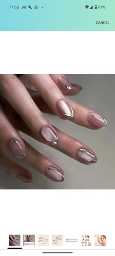 Silver French Tips, French Tips Acrylic, French Cat Eye, Nails With Silver, Nails Oval, Silver Nail Art, Hard Gel Nails, Nails Glossy, Short Fake Nails