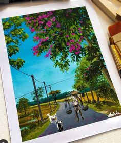 a painting of two people walking down the street