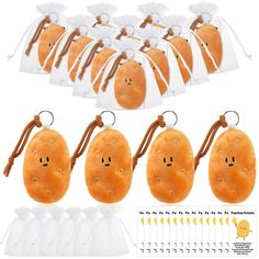 a bunch of stuffed toys in bags on a white background with instructions for how to make them