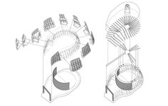 an architectural drawing of a circular table with chairs and umbrellas on the top floor