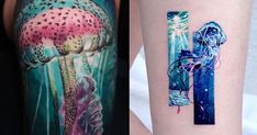 two tattoos with different designs on their legs and one has an image of a jellyfish