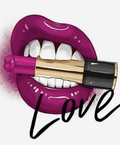 a lipstick with the word love written on it and an image of a woman's mouth