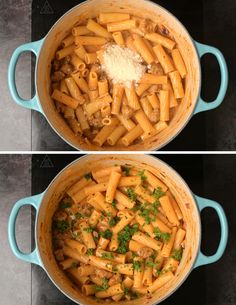 two pictures showing the same pot of pasta with meat and parsley