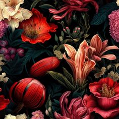 a bunch of flowers that are on a black background with red, yellow and white colors