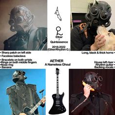 four different pictures of people in gas masks with guitars, bass guitar and other instruments