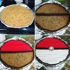 three pictures of a cake with the pokemon symbol on it