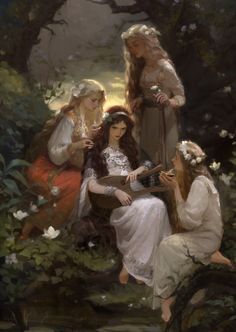 three women are sitting in the woods playing guitar and singing to another woman with long hair