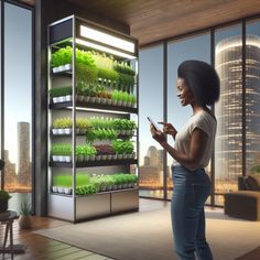 a woman looking at her cell phone while standing in front of an indoor garden