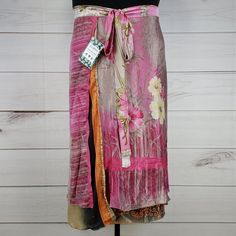 Nwt Darn Good Yarn Brand Recycled Sari Silk Wrap Skirt. Reclaimed Material From Used Saris. Tea Length (Approx. 34 In. Long). Dgy Size Goddess (Us Size 14-32). Reclaimed Material Means Flaws (Stains, Holes, Ink Errors, Thread Pulls, Etc.) Are Common And Expected! I List What I See, But May Miss Some. White Maker's Mark At Edge, Several Areas Of Pinholes, Large Stain, Small Area Of Damage + Repair, Tiny Hole On Overskirt. Several Thread Pulls, Thread Separations, Several Small Stains On Underskir Bohemian Pink Wrap Skirt For Summer, Pink Asymmetrical Skirt For Summer, Pink Asymmetrical Skirt For Spring, Pink Asymmetrical Flowy Skirt, Casual Fitted Pink Wrap Skirt, Pink Asymmetrical Lined Skirt, Fitted Pink Wrap Skirt With Lining, Pink Fitted Asymmetrical Wrap Skirt, Pink Bohemian Fitted Bottoms