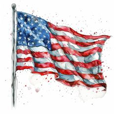 an american flag is flying in the wind with watercolor paint splatters on it