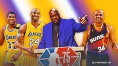 three basketball players standing next to each other in front of a yellow and purple background