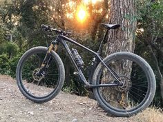 a bike parked next to a tree on a dirt road with the sun setting in the background