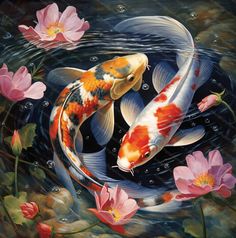 two koi fish swimming in the water with pink flowers