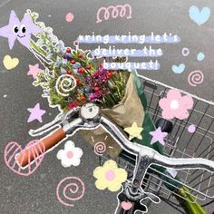 a shopping cart with flowers in it on the street