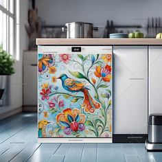 a kitchen scene with focus on the dishwasher and the colorful bird artwork behind it