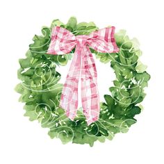 a watercolor wreath with red and white checkered ribbon