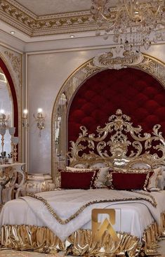 a fancy bedroom with gold and red accents