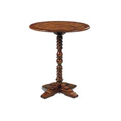 a small wooden table with spiral legs and a round top on an isolated white background