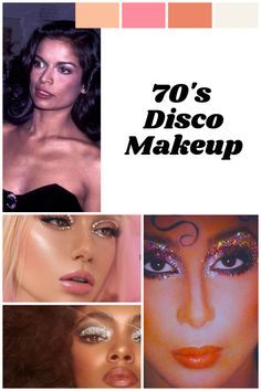 Disco Ideas Costume, 70s Mini Dress Disco, 70s Makeup Disco Glitter, Disco Aesthetic 70s Makeup, Disco Era Hair And Makeup, Disco Women Hair, 70s Earrings Disco, Disco Glam Accessories, Disco Fever Makeup