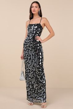 Stealing the spotlight comes easy in the Lulus Magdala Black Sequin Backless Maxi Dress! Glistening clear paillette sequins, paired with rows of little matching sequins, adorn lightweight woven fabric as it falls from adjustable spaghetti straps into a straight neckline and a darted bodice. The high, fitted bodice sits atop a figure-skimming column skirt with a maxi hen and a kick pleat at back for effortless movement. Slender straps create an alluring tie-back design across the open back. Hidde Mardi Gras Dress, Mardi Gras Ball, Neutral Dresses, Winter Formal Dresses, Sparkly Prom Dresses, Backless Maxi Dress, Casual Formal Dresses, Column Skirt, Black Dress Formal