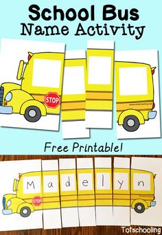 a yellow school bus with the words name activity and free printables on it