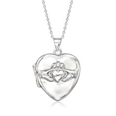 Ross-Simons - Italian Sterling Silver Claddagh Heart Locket Necklace. 16". Love. Loyalty. Friendship. Three special sentiments that make this sterling silver Claddagh heart locket necklace meaningful. Fits a 5/8" x 5/8" photo inside. Suspends from a classic cable chain with a 2" extender. Lobster clasp, sterling silver Claddagh heart locket necklace. Loyalty Friendship, Heart Locket Necklace, Necklace Necklace, Heart Locket, Locket Necklace, Cable Chain, Pendant Jewelry, Locket, Lobster Clasp