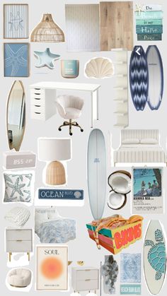 a collage of various items including surfboards, pillows and other things on display