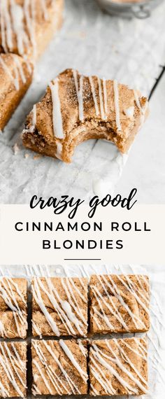 cinnamon roll blondies with white icing on top and in the middle, cut into squares