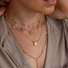 Our stunning celestial necklace is layered with an abundance of twinkling moon and stars that drap beautifilly down the neckline. See our range of necklaces here https://www.etsy.com/uk/shop/IndisaJewellery?ref=shop_sugg_market&section_id=15529877 See our store here  https://www.etsy.com/uk/shop/IndisaJewellery Indisa jewellery will be lovingly hand wrapped and packaged within our eco-friendly signature boxes for that extra special unboxing experience. Sending a gift? Personalise your item with Star Jewellery, Star And Moon Necklace, Multi Chain Necklace, Necklace Moon, Unboxing Experience, Celestial Necklace, Moon And Star, Star Jewelry, Necklace Charm