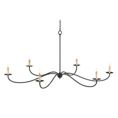 a black chandelier with six candles hanging from the bottom and four lights on each end