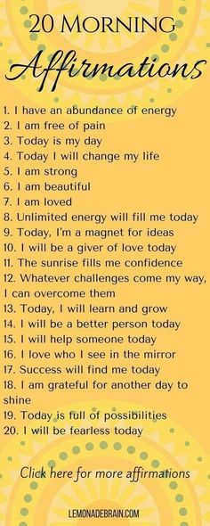 a yellow and black poster with the words 20 morning affirmations on it