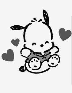 a black and white drawing of a baby holding a teddy bear with hearts in the background