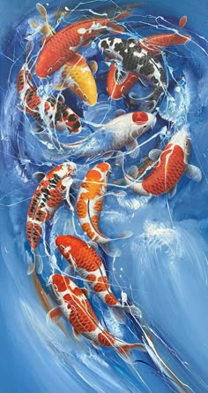 a painting of four koi fish swimming in blue water with ripples around them