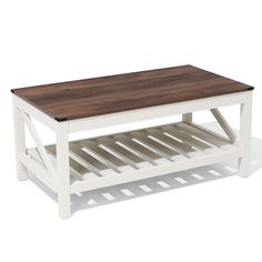 a white coffee table with a wooden top and shelf underneath it, against a white background