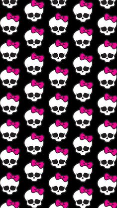 skulls with pink bows on black background