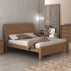 a bed room with a neatly made bed next to a night stand and two nightstands