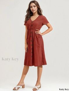 Katykey - Elevated High Waist V-Neck Dress: Short-Sleeve Casual Dress with Convenient Pockets, Perfect for Summer - Womens Fashion. Casual Solid V-neck Midi Dress, Non-stretch V-neck Dress With Pockets, Casual V-neck Midi Dress In Solid Color, Casual Solid Color V-neck Midi Dress, Solid V-neck Dress With Buttons, Spring Short Sleeve V-neck Dress With Buttons, Brown V-neck Solid Color Dress, Brown V-neck Solid Dress, Brown V-neck Dress