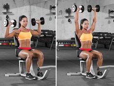 two pictures of a woman doing squats with dumbbells in front of her