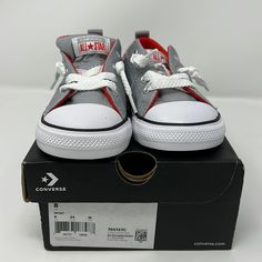 Brand New Super Cute Street Slip All Star Converse Sneakers. Wolf Grey With Red And White. Size 8t Converse Low-top Sneakers For Streetwear, Converse Lace-up Sneakers For School, Sporty Converse Sneakers For School, Non-slip Lace-up Converse Sneakers, All Star Converse, Star Converse, All Stars Converse, New Converse, Kids Converse