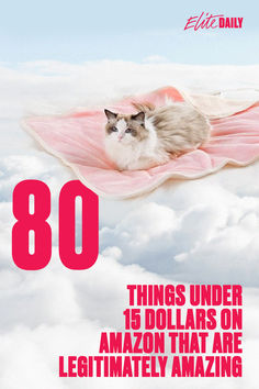 a cat laying on top of a blanket in the clouds with text that reads, 80 things under 15 dollars on amazon that are legitmately amazing