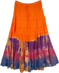 A plus size fresh style ankle length skirt with tiers for a hippie look in a tangy orange color that catches everyone's attention on the street.  Rock the gypsy look with this ultra cool skirt. #tlb #XLPlus #TieredSkirt #Maxi Skirt #TieDye Bohemian Orange Maxi Skirt For The Beach, Orange Tiered Maxi Skirt For Vacation, Vibrant Cotton Skirt For Summer, Orange Lined Maxi Skirt For Spring, Spring Orange Lined Maxi Skirt, Orange Tiered Skirt For Spring, Casual Orange Tiered Skirt Bottoms, Flowy Orange Maxi Skirt For Summer, Casual Orange Tiered Skirt