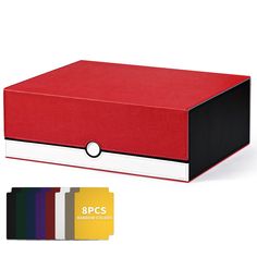 a red and black box with four different colors