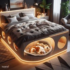 there is a bed with two dogs in it and some lights on the headboard