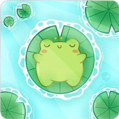 a green frog sleeping in the middle of lily pads