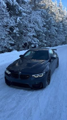 a black car is parked in the snow near some pine trees and bushes covered with snow